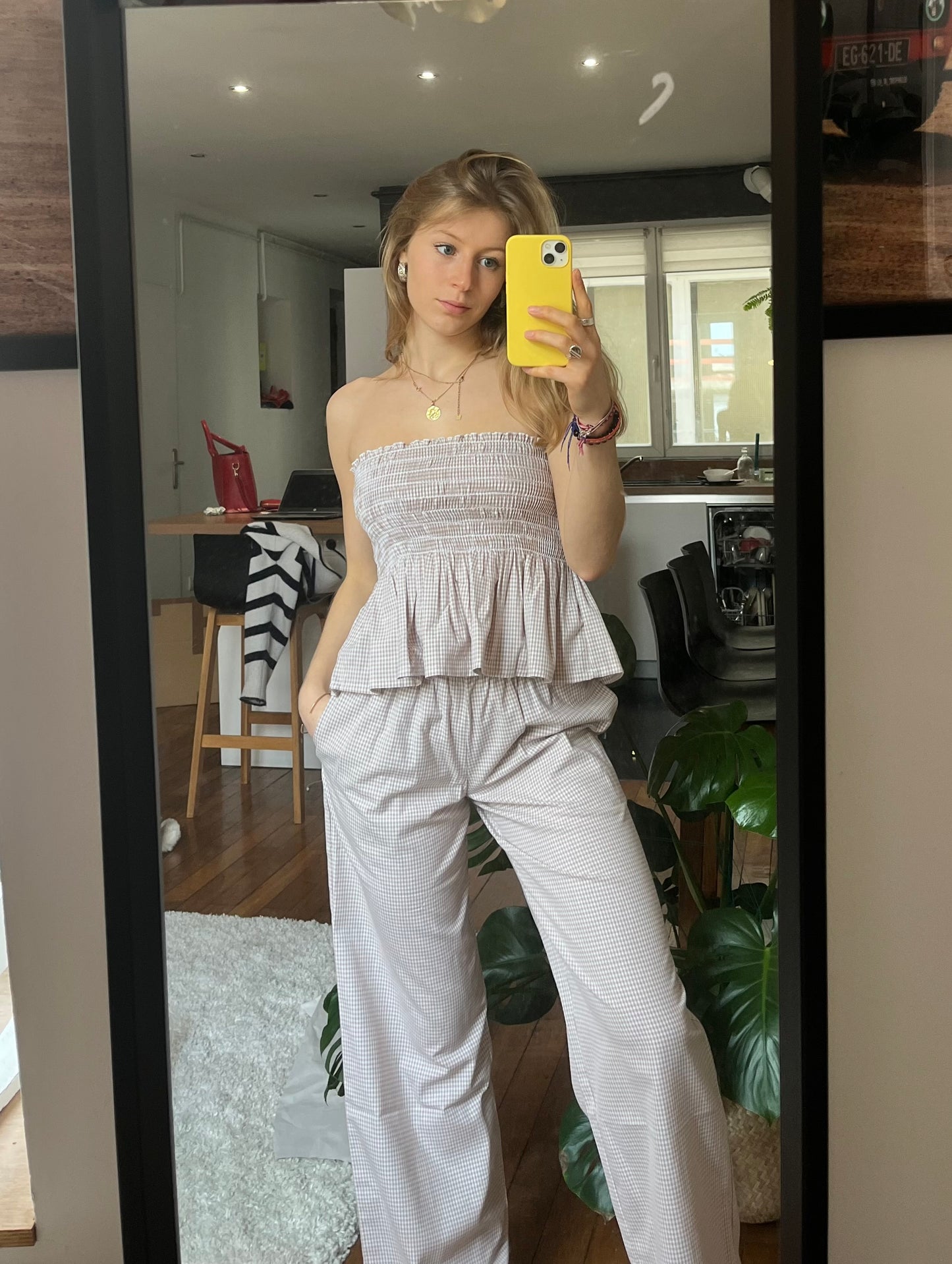 Haut bandeau smocké - Vichy sable