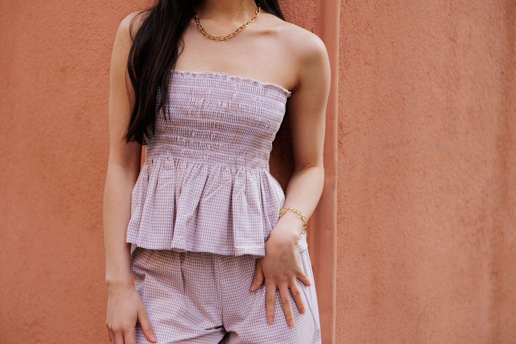 Haut bandeau smocké - Vichy sable