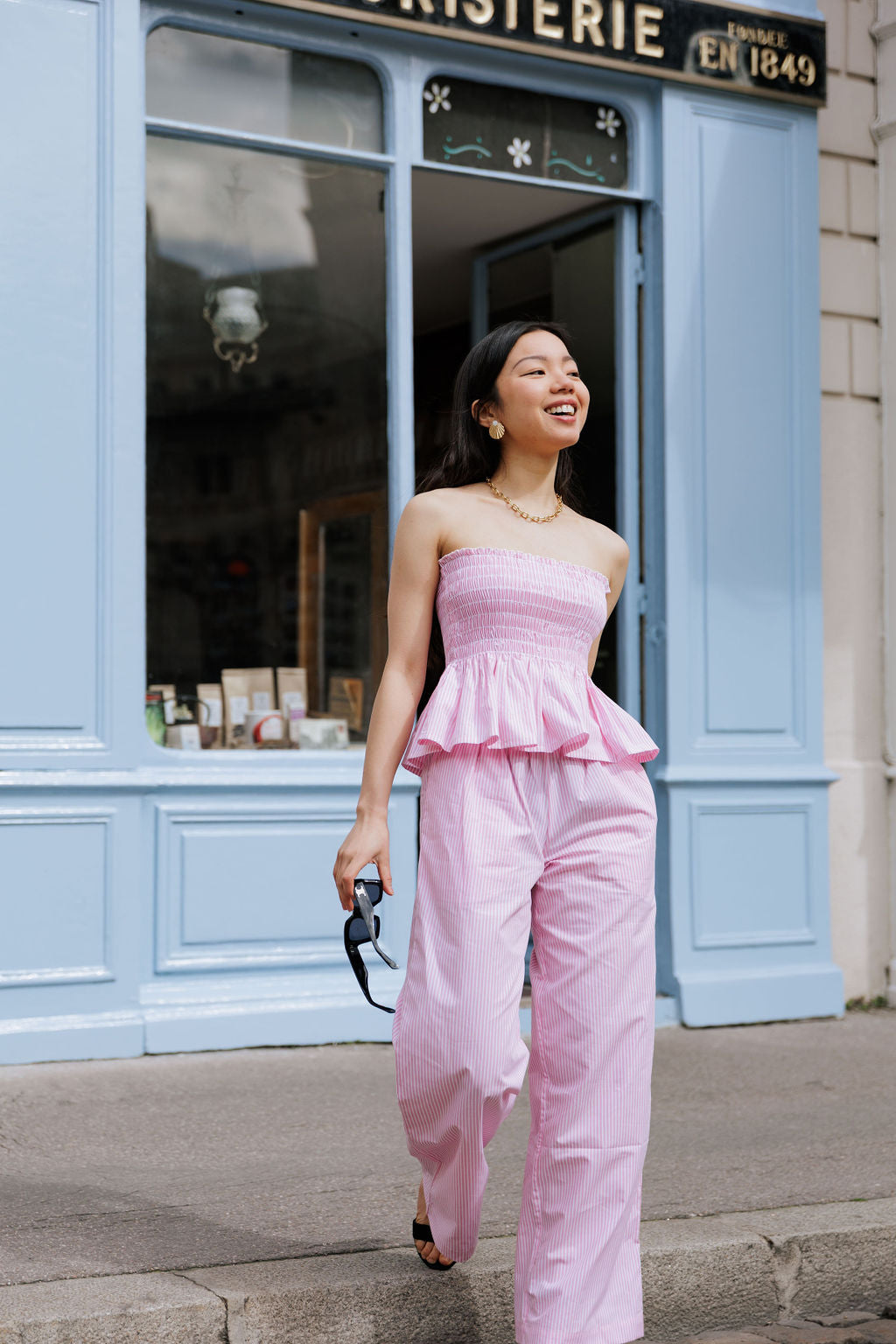 Haut bandeau smocké - Rayé rose