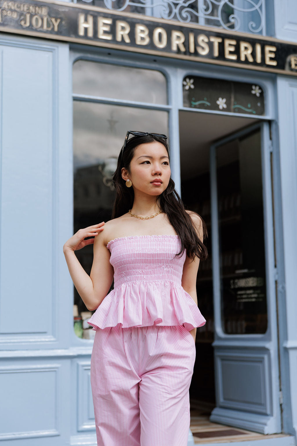 Haut bandeau smocké - Rayé rose
