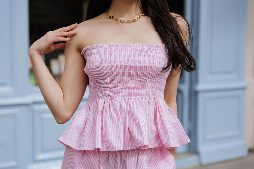 Haut bandeau smocké - Rayé rose