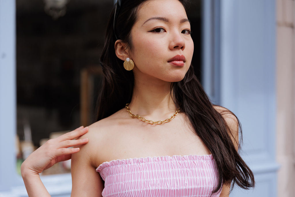 Haut bandeau smocké - Rayé rose