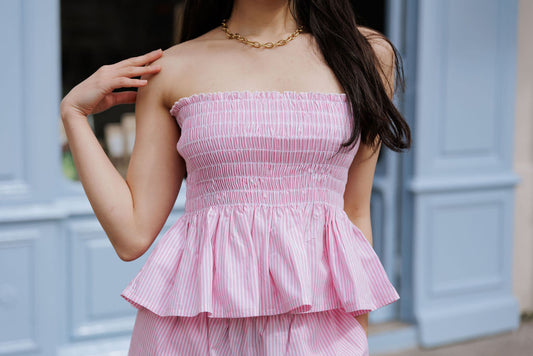 Haut bandeau smocké - Rayé rose