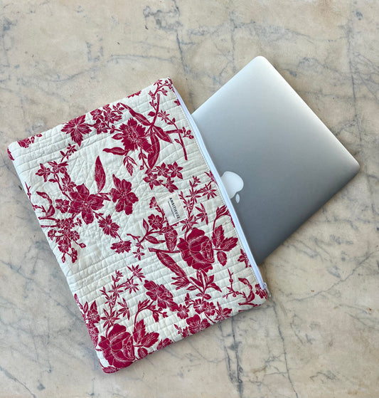 Pochette ordinateur matelassée - Toile de Jouy rouge